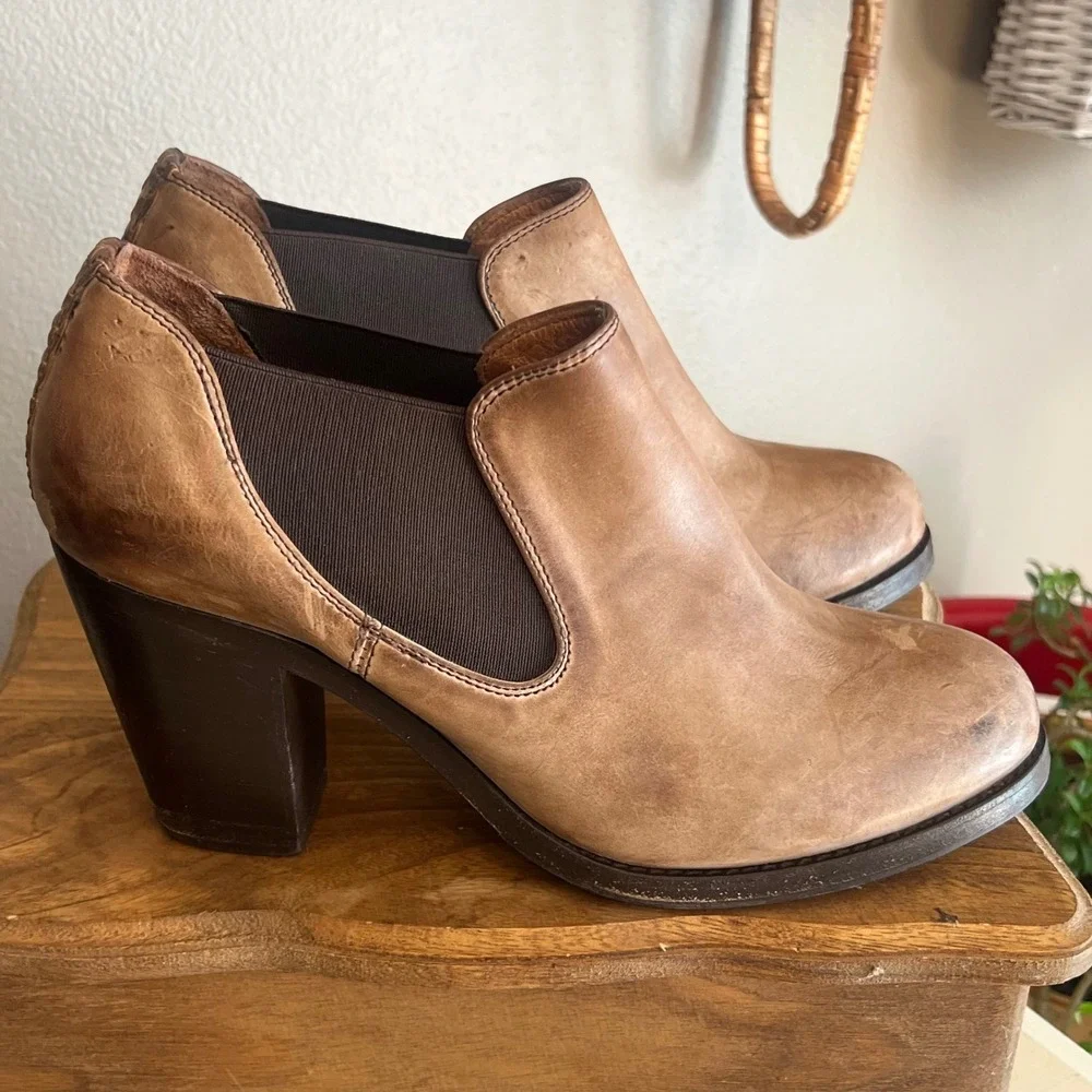 Ariat‎ Tan Leather Braided Back Block Heel Ankle Boots 10012049 Womens 9B